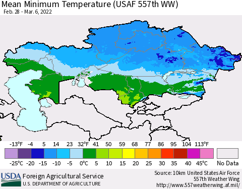 Kazakhstan Mean Minimum Temperature (USAF 557th WW) Thematic Map For 2/28/2022 - 3/6/2022