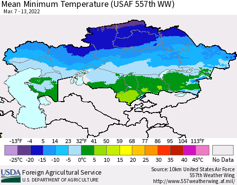 Kazakhstan Mean Minimum Temperature (USAF 557th WW) Thematic Map For 3/7/2022 - 3/13/2022