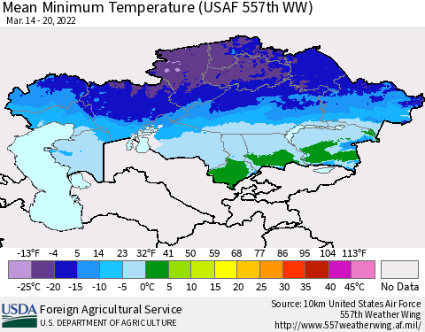 Kazakhstan Mean Minimum Temperature (USAF 557th WW) Thematic Map For 3/14/2022 - 3/20/2022
