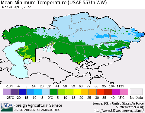 Kazakhstan Mean Minimum Temperature (USAF 557th WW) Thematic Map For 3/28/2022 - 4/3/2022
