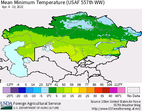 Kazakhstan Mean Minimum Temperature (USAF 557th WW) Thematic Map For 4/4/2022 - 4/10/2022