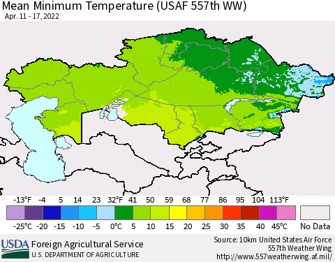 Kazakhstan Mean Minimum Temperature (USAF 557th WW) Thematic Map For 4/11/2022 - 4/17/2022