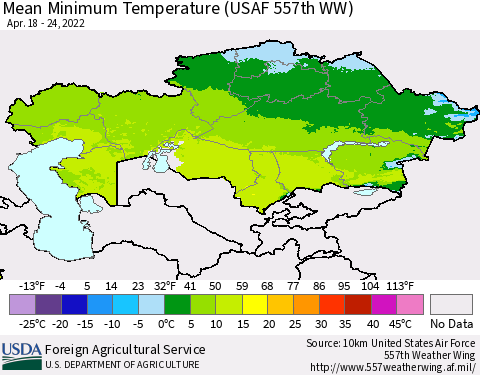Kazakhstan Mean Minimum Temperature (USAF 557th WW) Thematic Map For 4/18/2022 - 4/24/2022