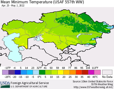 Kazakhstan Mean Minimum Temperature (USAF 557th WW) Thematic Map For 4/25/2022 - 5/1/2022