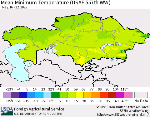 Kazakhstan Mean Minimum Temperature (USAF 557th WW) Thematic Map For 5/16/2022 - 5/22/2022