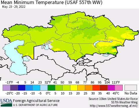 Kazakhstan Mean Minimum Temperature (USAF 557th WW) Thematic Map For 5/23/2022 - 5/29/2022