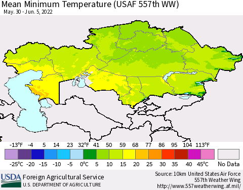 Kazakhstan Mean Minimum Temperature (USAF 557th WW) Thematic Map For 5/30/2022 - 6/5/2022