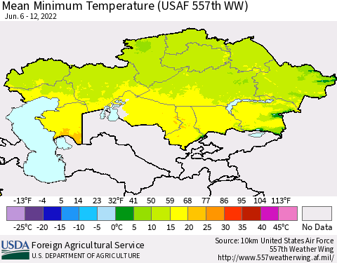 Kazakhstan Mean Minimum Temperature (USAF 557th WW) Thematic Map For 6/6/2022 - 6/12/2022