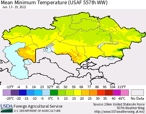 Kazakhstan Mean Minimum Temperature (USAF 557th WW) Thematic Map For 6/13/2022 - 6/19/2022