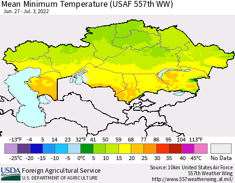 Kazakhstan Mean Minimum Temperature (USAF 557th WW) Thematic Map For 6/27/2022 - 7/3/2022