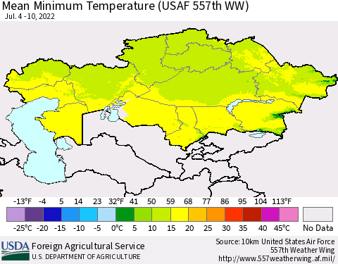 Kazakhstan Mean Minimum Temperature (USAF 557th WW) Thematic Map For 7/4/2022 - 7/10/2022