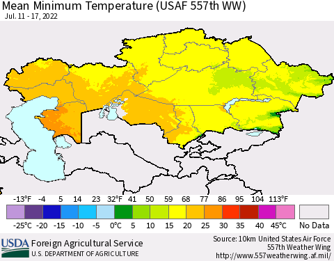Kazakhstan Mean Minimum Temperature (USAF 557th WW) Thematic Map For 7/11/2022 - 7/17/2022