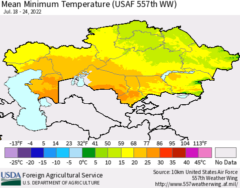 Kazakhstan Mean Minimum Temperature (USAF 557th WW) Thematic Map For 7/18/2022 - 7/24/2022