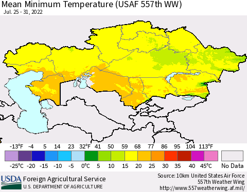 Kazakhstan Mean Minimum Temperature (USAF 557th WW) Thematic Map For 7/25/2022 - 7/31/2022