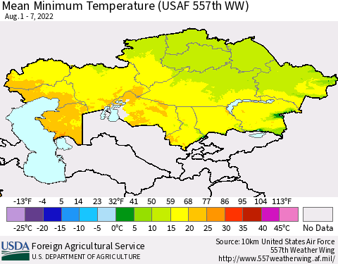 Kazakhstan Mean Minimum Temperature (USAF 557th WW) Thematic Map For 8/1/2022 - 8/7/2022