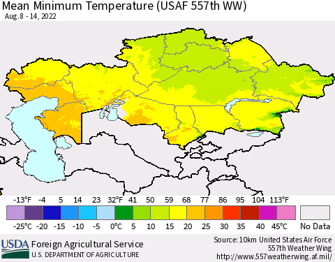Kazakhstan Mean Minimum Temperature (USAF 557th WW) Thematic Map For 8/8/2022 - 8/14/2022