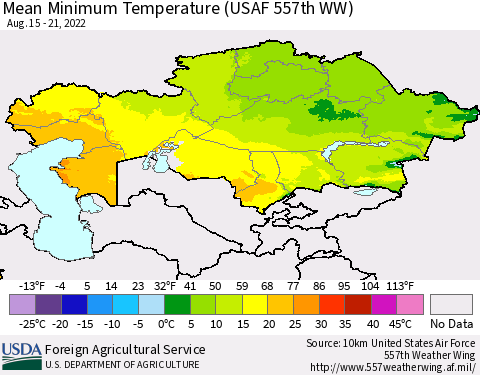 Kazakhstan Mean Minimum Temperature (USAF 557th WW) Thematic Map For 8/15/2022 - 8/21/2022