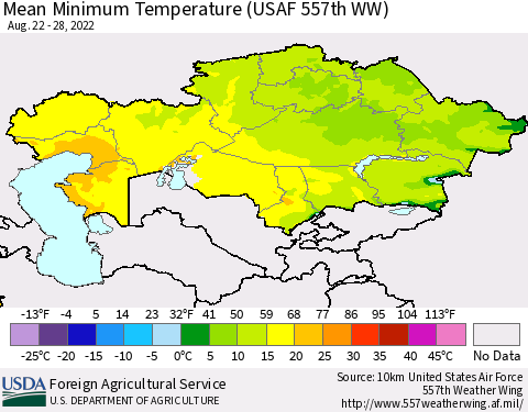 Kazakhstan Mean Minimum Temperature (USAF 557th WW) Thematic Map For 8/22/2022 - 8/28/2022