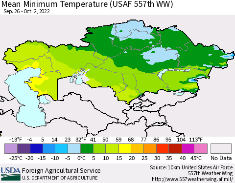 Kazakhstan Mean Minimum Temperature (USAF 557th WW) Thematic Map For 9/26/2022 - 10/2/2022