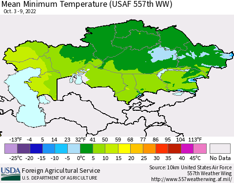 Kazakhstan Mean Minimum Temperature (USAF 557th WW) Thematic Map For 10/3/2022 - 10/9/2022