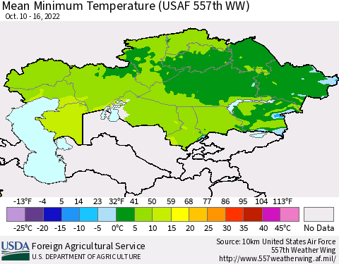 Kazakhstan Mean Minimum Temperature (USAF 557th WW) Thematic Map For 10/10/2022 - 10/16/2022