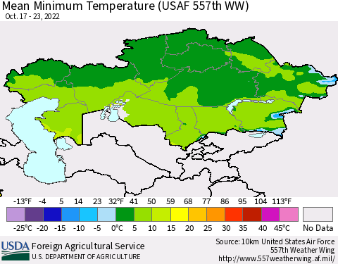 Kazakhstan Mean Minimum Temperature (USAF 557th WW) Thematic Map For 10/17/2022 - 10/23/2022