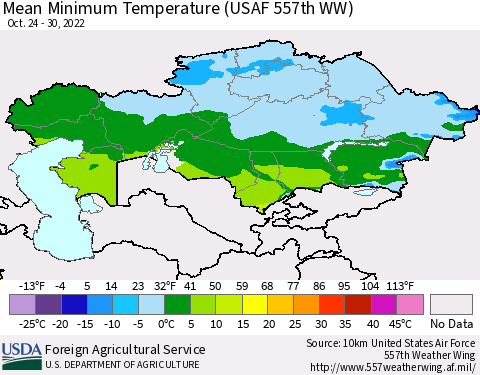 Kazakhstan Mean Minimum Temperature (USAF 557th WW) Thematic Map For 10/24/2022 - 10/30/2022