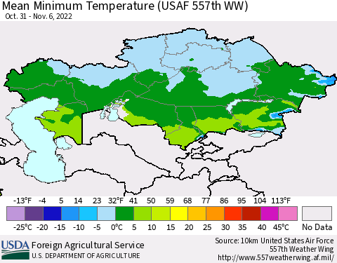 Kazakhstan Mean Minimum Temperature (USAF 557th WW) Thematic Map For 10/31/2022 - 11/6/2022