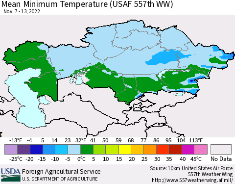 Kazakhstan Mean Minimum Temperature (USAF 557th WW) Thematic Map For 11/7/2022 - 11/13/2022
