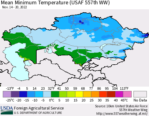 Kazakhstan Mean Minimum Temperature (USAF 557th WW) Thematic Map For 11/14/2022 - 11/20/2022