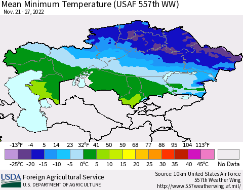 Kazakhstan Mean Minimum Temperature (USAF 557th WW) Thematic Map For 11/21/2022 - 11/27/2022