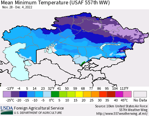 Kazakhstan Mean Minimum Temperature (USAF 557th WW) Thematic Map For 11/28/2022 - 12/4/2022