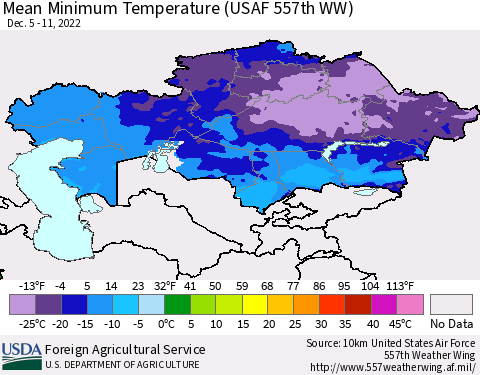 Kazakhstan Mean Minimum Temperature (USAF 557th WW) Thematic Map For 12/5/2022 - 12/11/2022