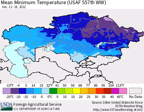 Kazakhstan Mean Minimum Temperature (USAF 557th WW) Thematic Map For 12/12/2022 - 12/18/2022