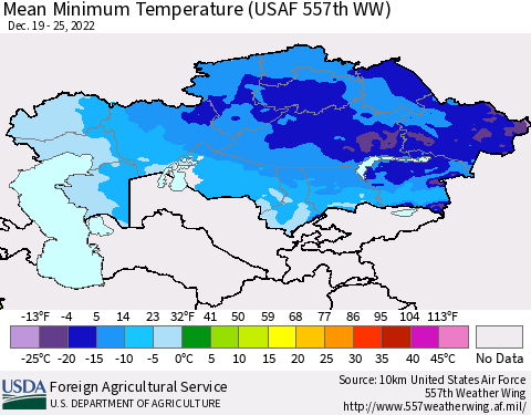 Kazakhstan Mean Minimum Temperature (USAF 557th WW) Thematic Map For 12/19/2022 - 12/25/2022