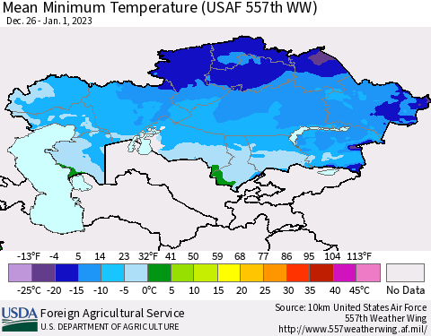 Kazakhstan Mean Minimum Temperature (USAF 557th WW) Thematic Map For 12/26/2022 - 1/1/2023