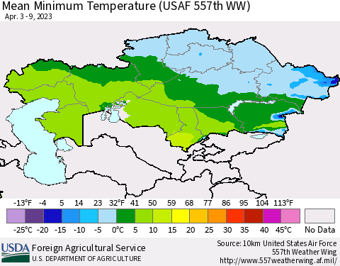 Kazakhstan Mean Minimum Temperature (USAF 557th WW) Thematic Map For 4/3/2023 - 4/9/2023