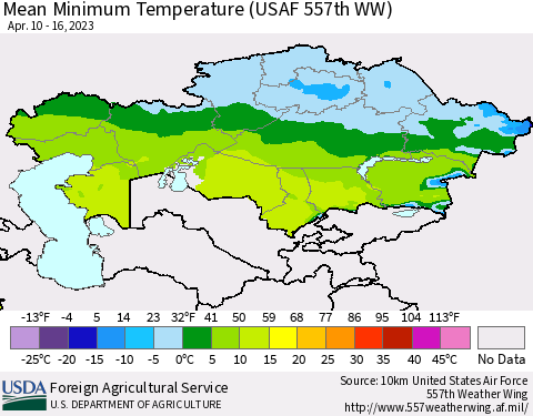 Kazakhstan Mean Minimum Temperature (USAF 557th WW) Thematic Map For 4/10/2023 - 4/16/2023