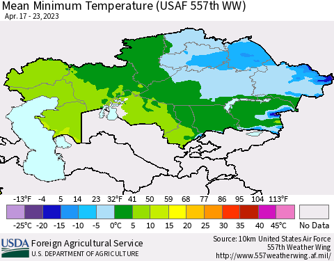 Kazakhstan Mean Minimum Temperature (USAF 557th WW) Thematic Map For 4/17/2023 - 4/23/2023