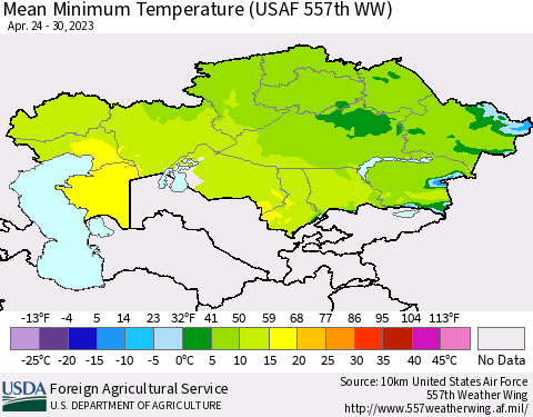 Kazakhstan Mean Minimum Temperature (USAF 557th WW) Thematic Map For 4/24/2023 - 4/30/2023