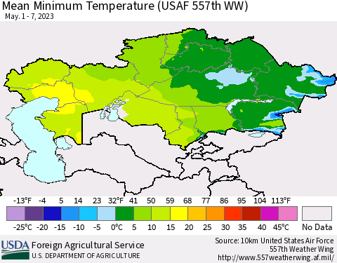Kazakhstan Mean Minimum Temperature (USAF 557th WW) Thematic Map For 5/1/2023 - 5/7/2023