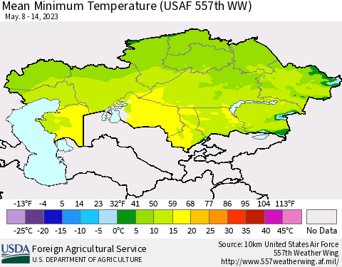 Kazakhstan Mean Minimum Temperature (USAF 557th WW) Thematic Map For 5/8/2023 - 5/14/2023