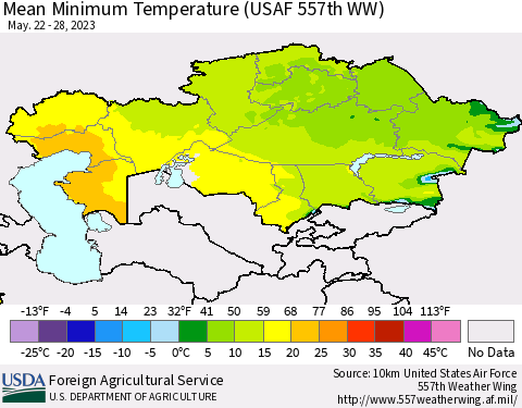 Kazakhstan Mean Minimum Temperature (USAF 557th WW) Thematic Map For 5/22/2023 - 5/28/2023