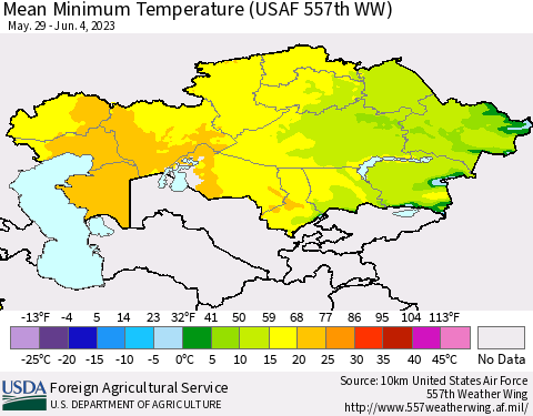Kazakhstan Mean Minimum Temperature (USAF 557th WW) Thematic Map For 5/29/2023 - 6/4/2023