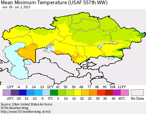 Kazakhstan Mean Minimum Temperature (USAF 557th WW) Thematic Map For 6/26/2023 - 7/2/2023