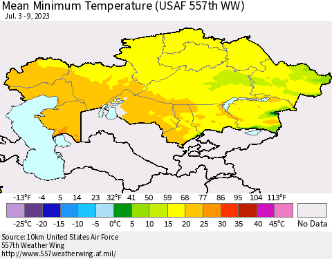 Kazakhstan Mean Minimum Temperature (USAF 557th WW) Thematic Map For 7/3/2023 - 7/9/2023
