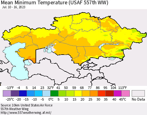 Kazakhstan Mean Minimum Temperature (USAF 557th WW) Thematic Map For 7/10/2023 - 7/16/2023