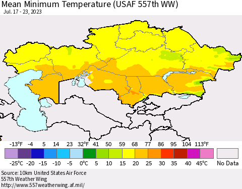 Kazakhstan Mean Minimum Temperature (USAF 557th WW) Thematic Map For 7/17/2023 - 7/23/2023