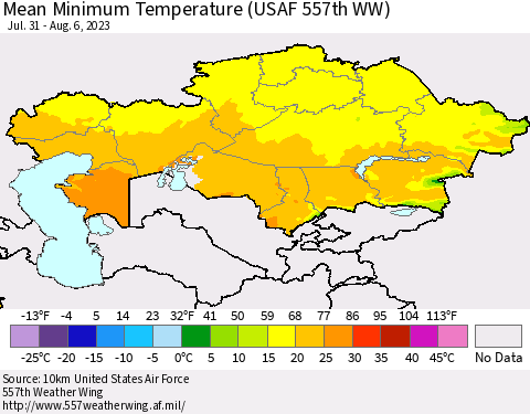 Kazakhstan Mean Minimum Temperature (USAF 557th WW) Thematic Map For 7/31/2023 - 8/6/2023