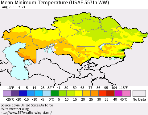 Kazakhstan Mean Minimum Temperature (USAF 557th WW) Thematic Map For 8/7/2023 - 8/13/2023